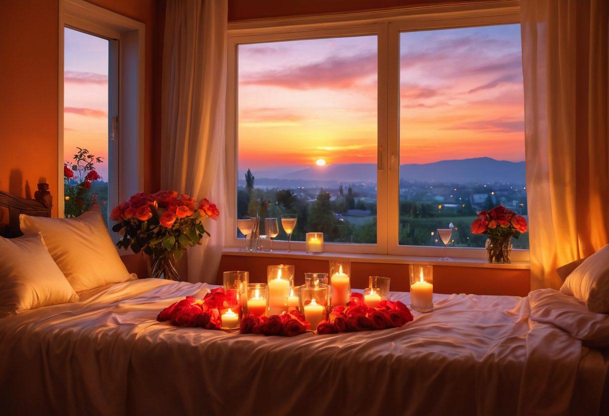 A cozy candle-lit room adorned with soft pillows and silk sheets, where a couple is enjoying a romantic dinner amidst roses and flickering lights. Include a beautiful sunset view through a window, symbolizing warmth and intimacy. The atmosphere should be inviting and dreamy, highlighting sensuality and connection between partners. super-realistic. vibrant colors. soft focus.