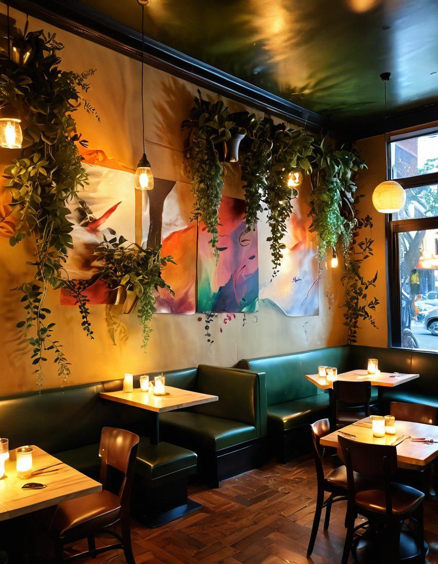 A warmly-lit café setting with cozy, intimate corners featuring plush seating and dimly flickering candles. An artistic mural on the wall depicts abstract representations of love and passion, while couples share glances over steaming cups of coffee. Lush green plants create a sense of privacy and warmth, with soft music notes floating through the air. The atmosphere is inviting, enchanting, and subtly romantic. super-realistic. vibrant colors. warm lighting.