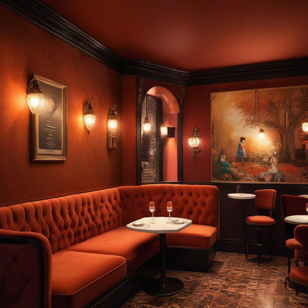 A cozy and inviting erotic cafe interior, featuring plush velvet seating, dim lighting with warm hues, and whimsical decor that evokes intimacy. Include silhouettes of couples enjoying delightful beverages, playful art on the walls, and soft textures that invite touch. The atmosphere should be filled with scented candles creating an alluring ambiance. super-realistic. vibrant colors. intimate setting.